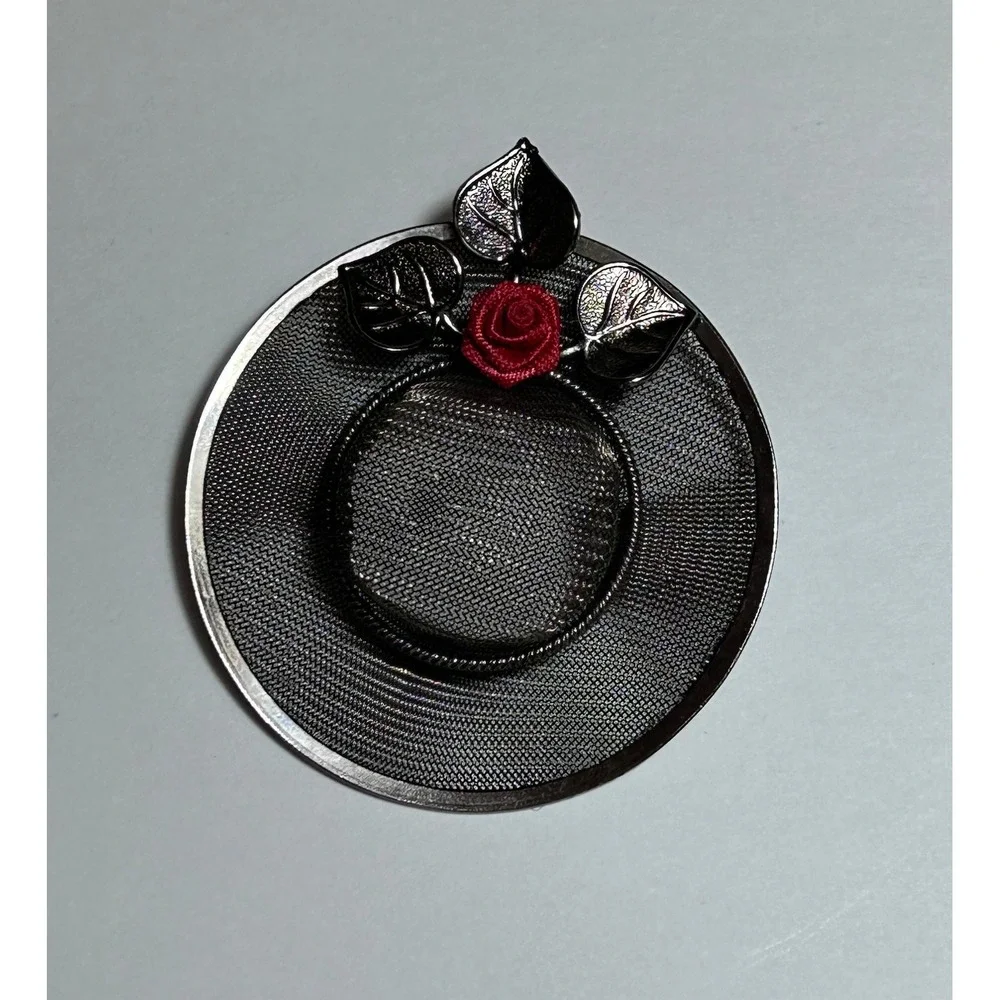 Unique Metal Hat Brooch Red‎ Flower Wide Brim Pewter Color
